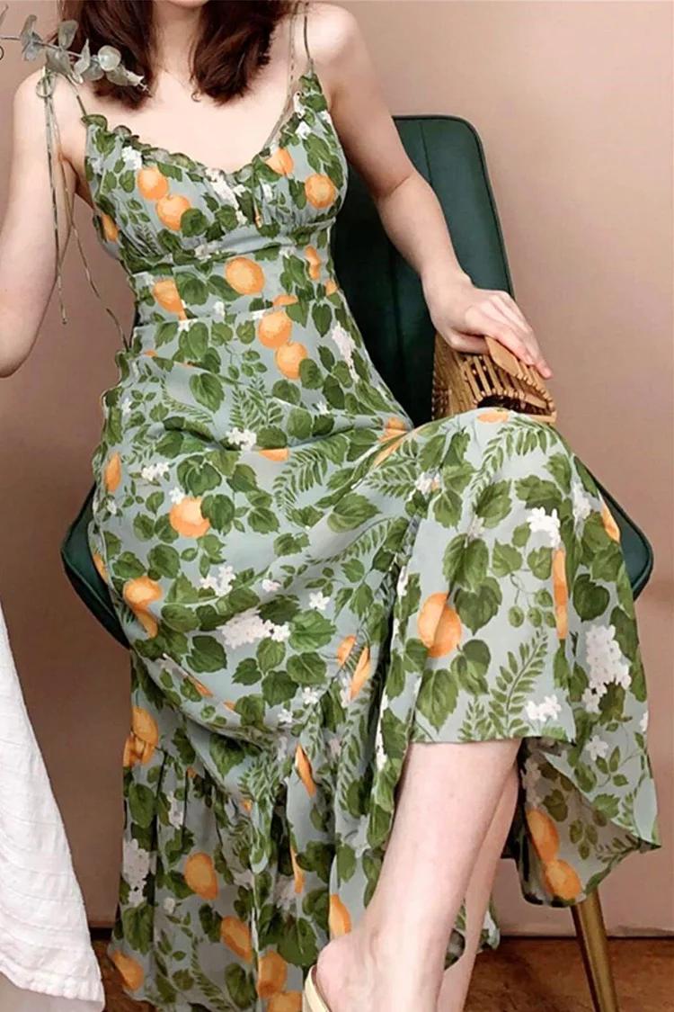 Luditu Midi Dress, Strappy Sundress, Madarin Garden Green