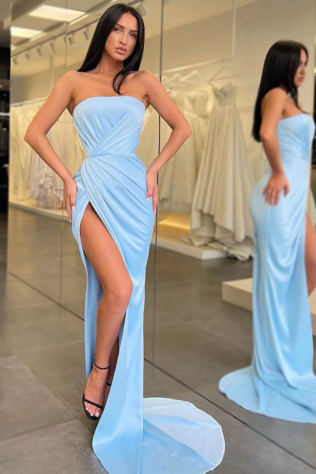 Hellblau Lang trägerlos Abendkleid Meerjungfrau Ballkleid Schlitz ED0097 Lunass