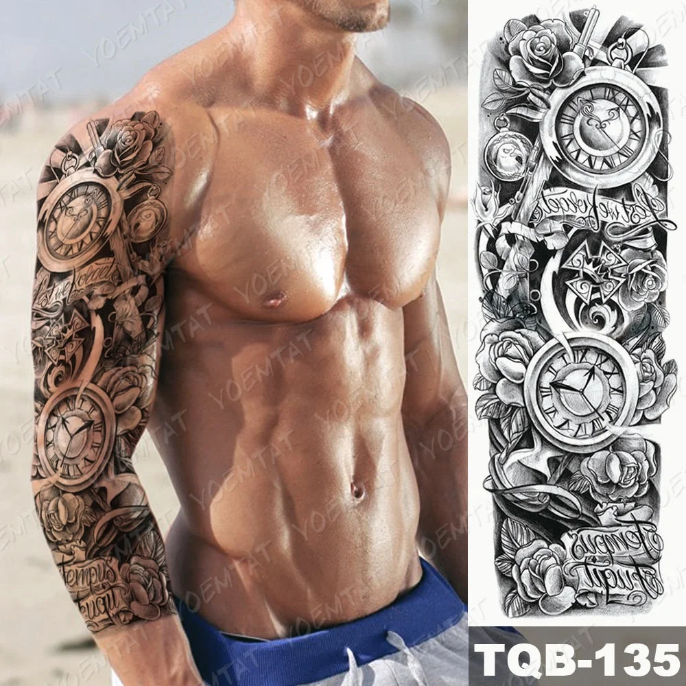 Men Full Arm Waterproof Temporary Tattoo Sticker Clock Rose Tiger Totem Transfer Body Art Fake Tatoo Cool sexy tato Woman