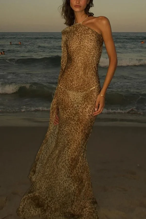 Leopard Print One Sleeve Sexy See-Through Fit Maxi Dress