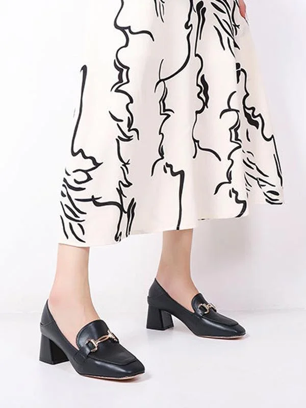 Fashionable metal buckle casual high-heel chunky square toe loafers