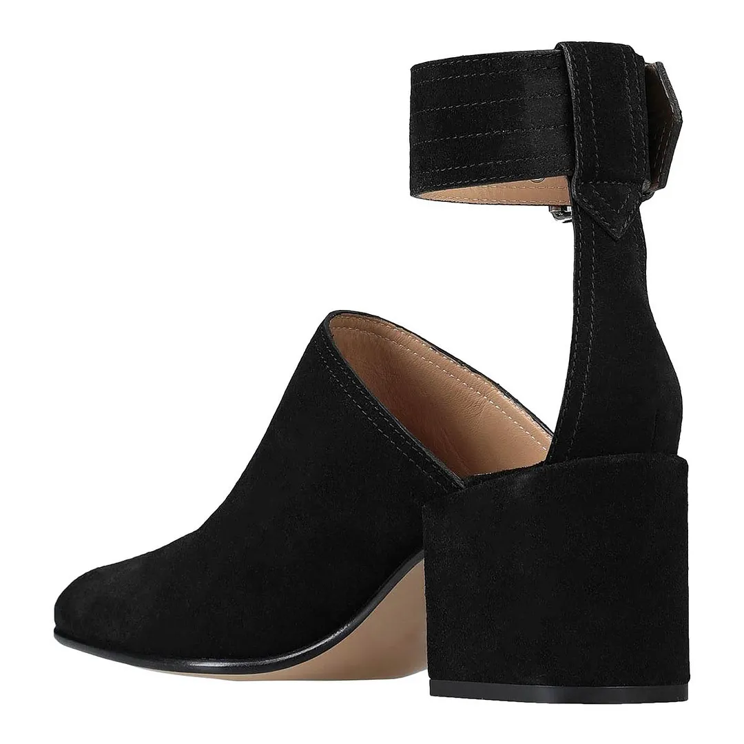 Vegan Suede Ankle Strap Mid Block Heel Buckled Black Pumps for Women