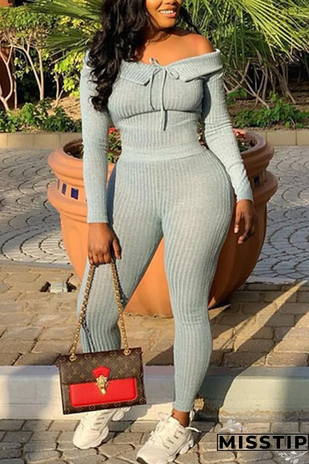 Grey Fashion Sexy Solid Basic Bateau Neck Long Sleeve Off The Shoulder Regular Two Pieces