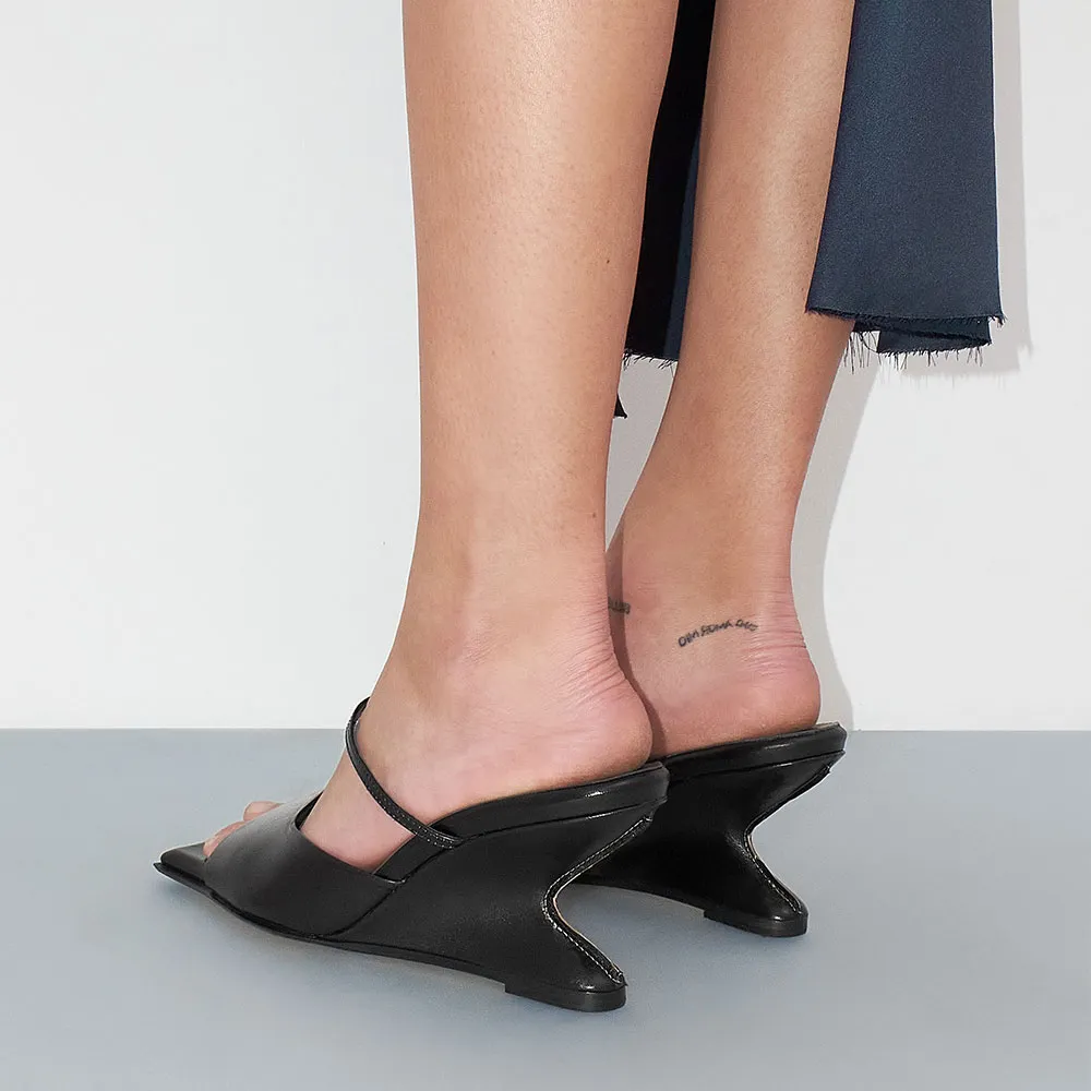 Black Square&nbsp;Toe Wide Strap Slip On Wedge Sandals for Women