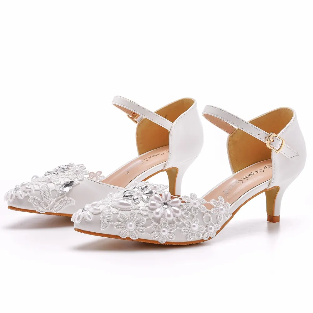 Breakj Breakj Cm Hollow Sharp Head Sandals In Low-Heeled Mary Jane Sandals White Lace Beaded Wedding Shoes Bridal Wedding Shoes