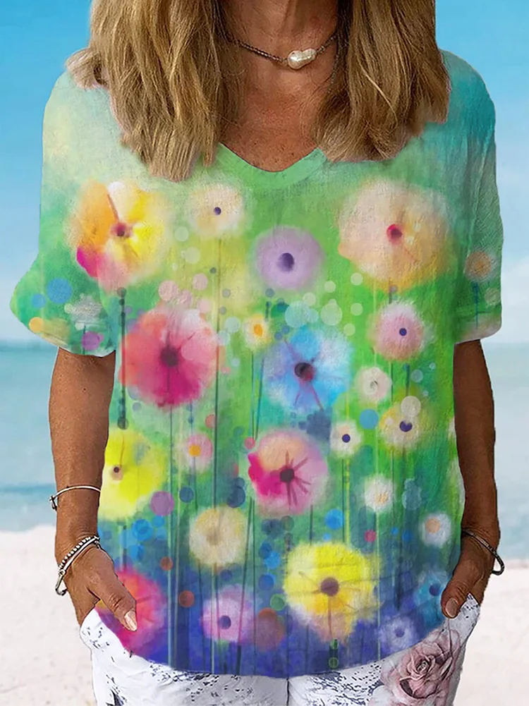 Women's Colored Dandelions Art Print Casual Cotton And Linen Shirt