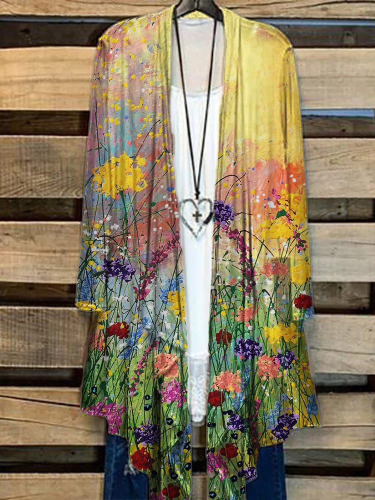 Flowers Oil Painting Flowy Kimono Cardigan