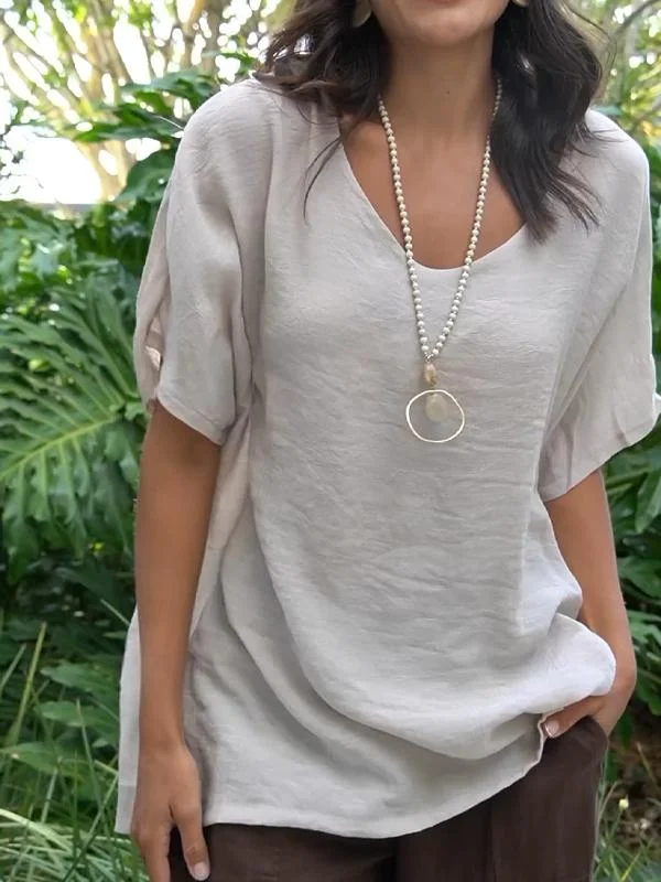 V-neck cotton and linen bat sleeve top