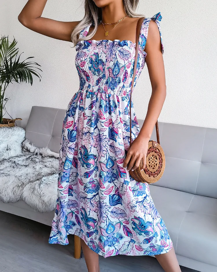 Fashion Elegant Printed High Waist Sleeveless Strappy Beach Vacation Midi Dress