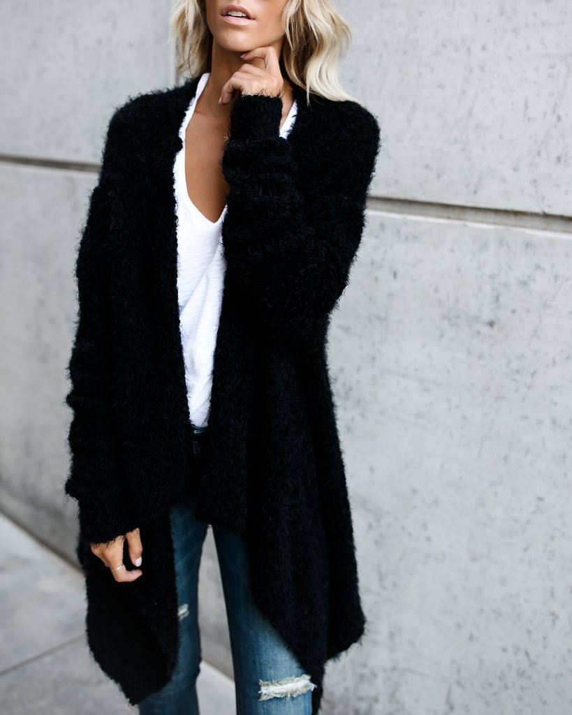 Asymmetrical plain loose keep warm fleece cardigan coat