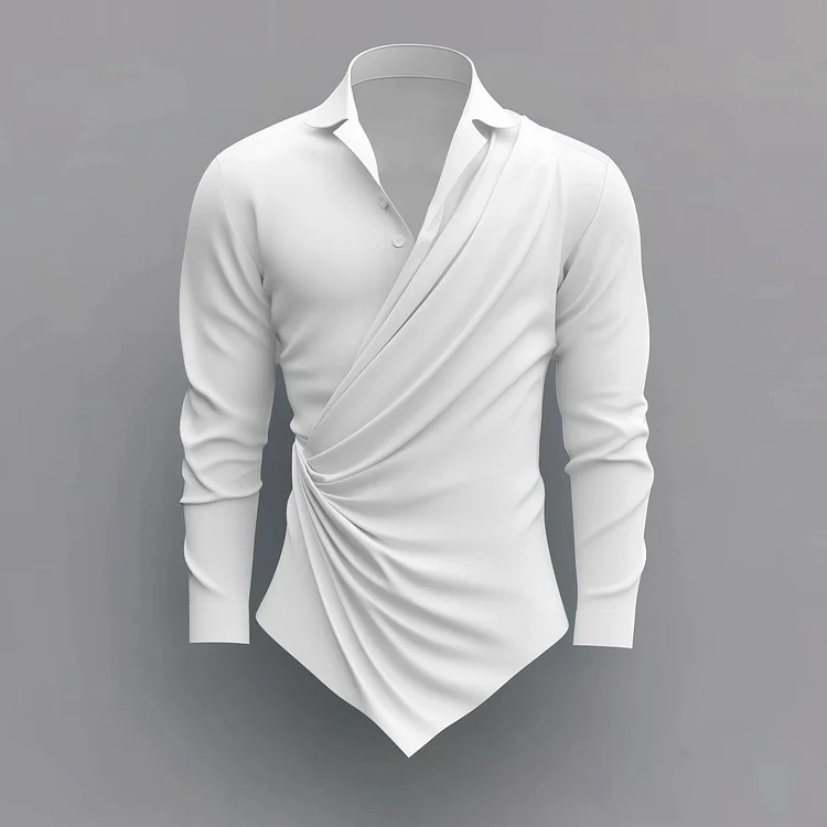 Okaywear Turndown Collar Wrap Irregular Hem Long Sleeve Shirt 