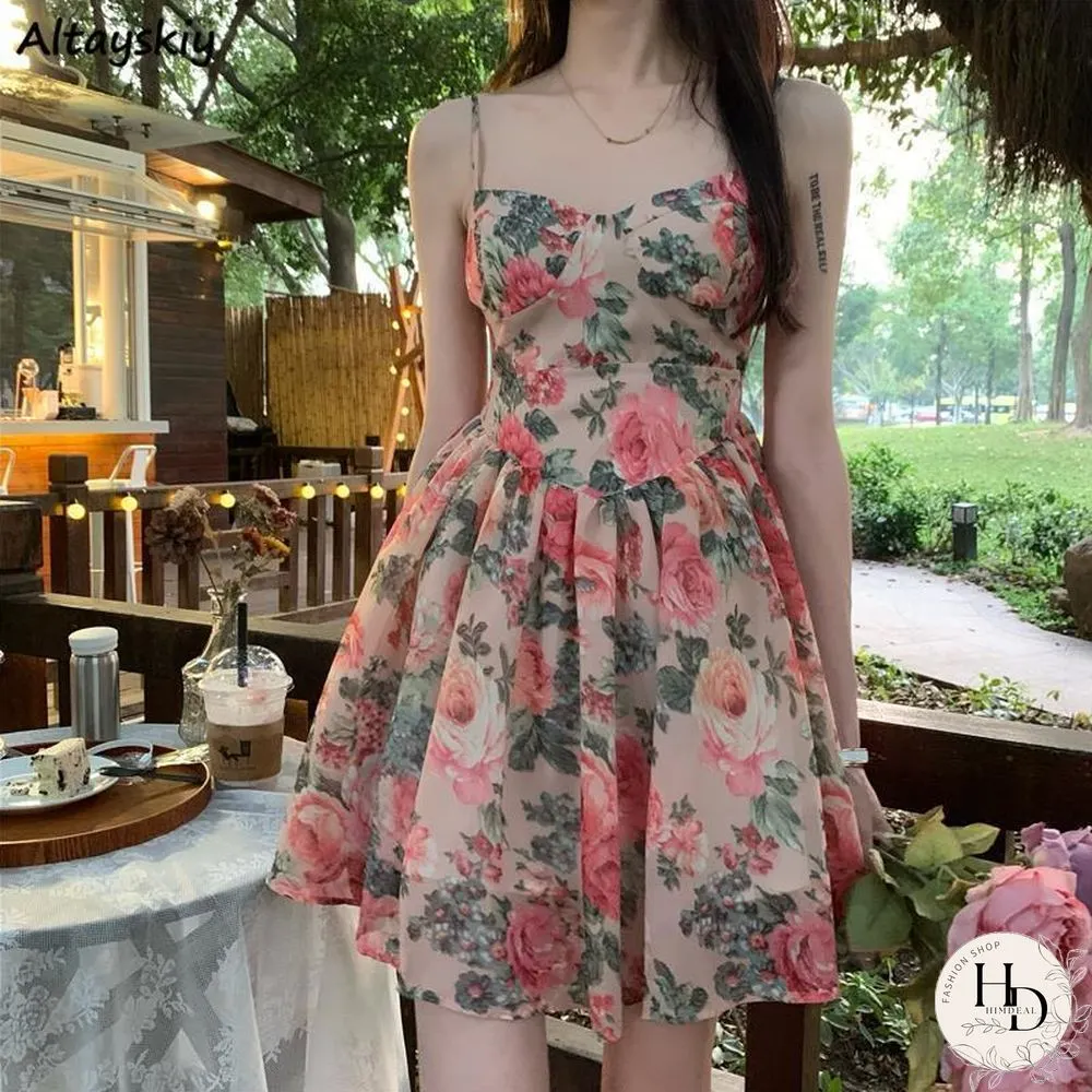 Sleeveless Dress Women Design Floral Sexy Empire A-Line Elegant French Style Summer