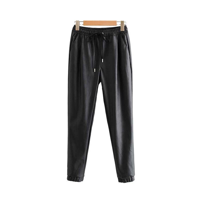 TRAF Women Faux PU Leather Pockets Pants Vintage Fashion Elastic Waist Drawstring Tie Ladies Ankle Trousers Pantalones Mujer