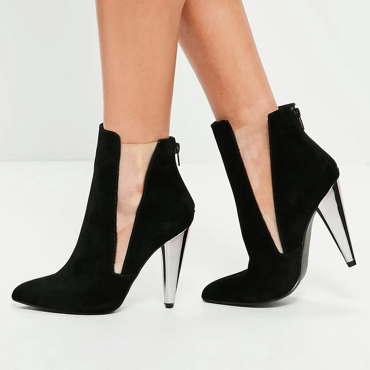 Black Suede and Perspex Fashion Boots Cone Heel Ankle Booties Vdcoo