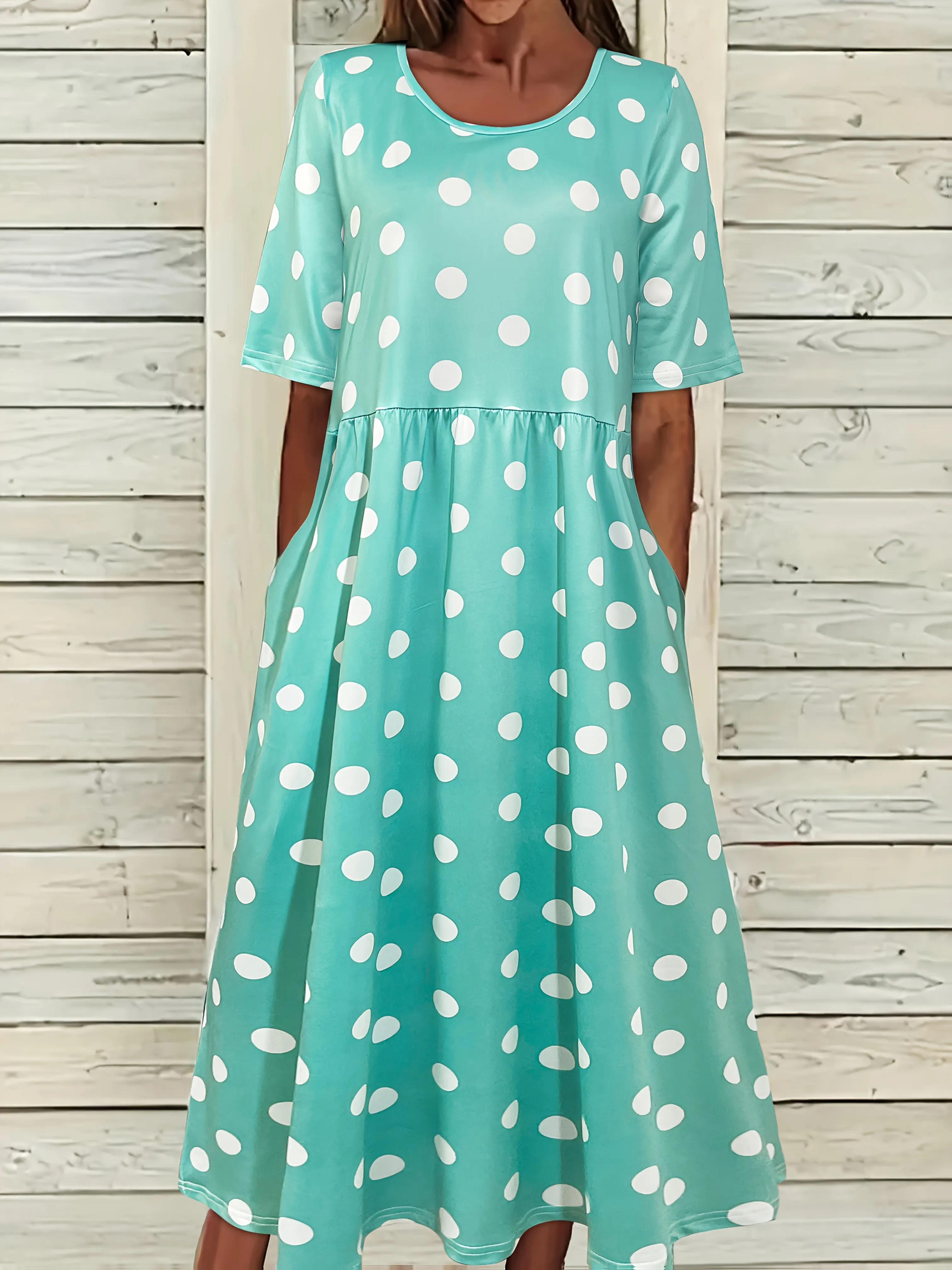 Womens Turquoise White Polka Dot Midi Dress Lightweight A-Line Party Everyday With Pockets