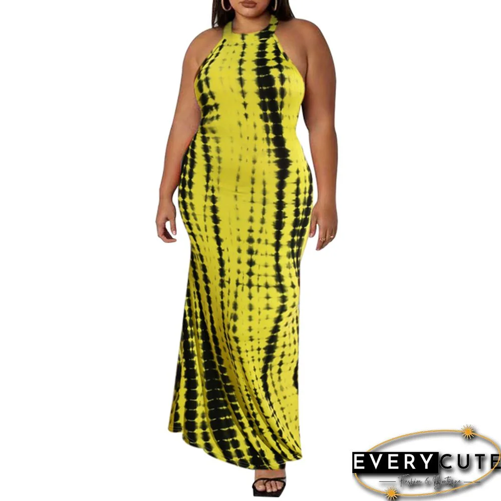 Fluorescein Yellow Printed Sleeveless Plus Size Maxi Dress