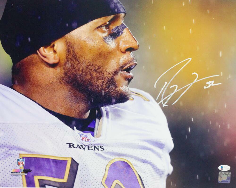 Ray Lewis Signed Ravens 16x20 PF Close Up In Rain Photo Poster painting- Beckett Auth *Short Sig