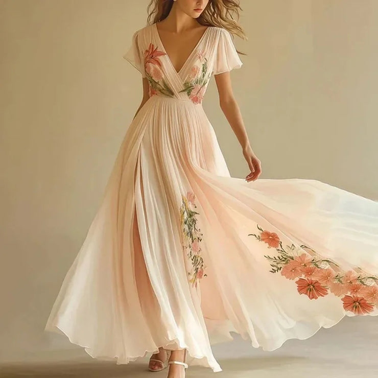 Women's Elegant Printed Pleated Short Sleeve Dress elevenforest