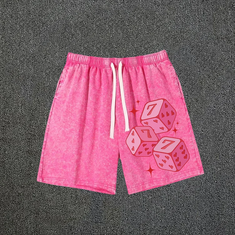 Pink 777 Fun Dice Print Acid Washed Drawstring Shorts SOPULA