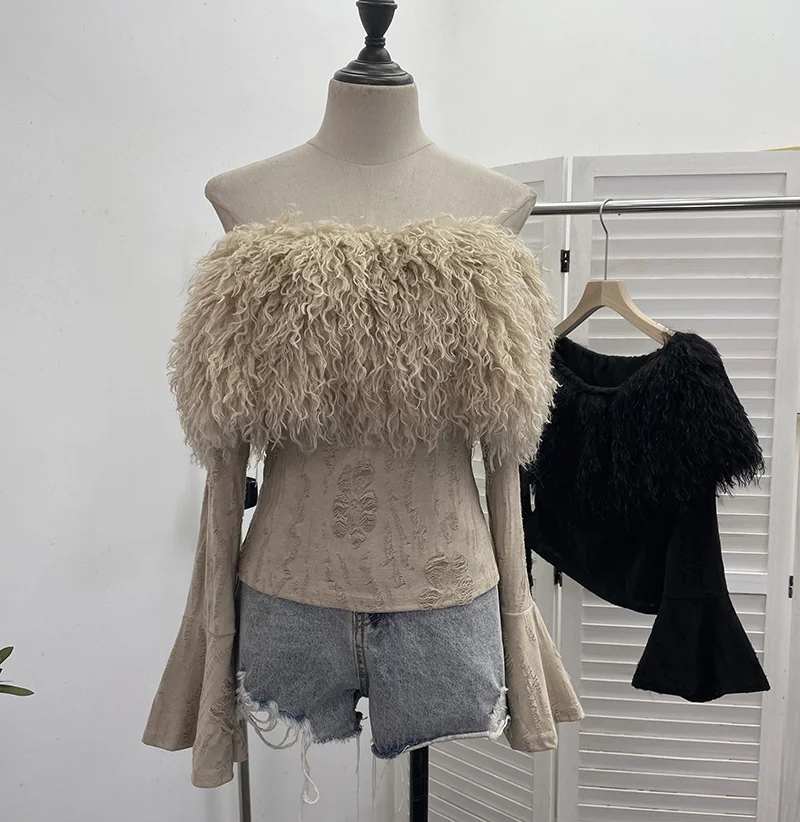 Brownm Sexy Wind Shoulder Hair Knitted Shirt Girl Short To Make Old Broken Long-Sleeved T-Shirt Top 2988