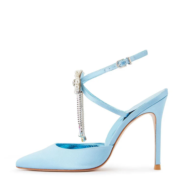 Light Blue Satin Ankle Strap Stiletto Heels Rhinestone Fringe Pumps |FSJ Shoes