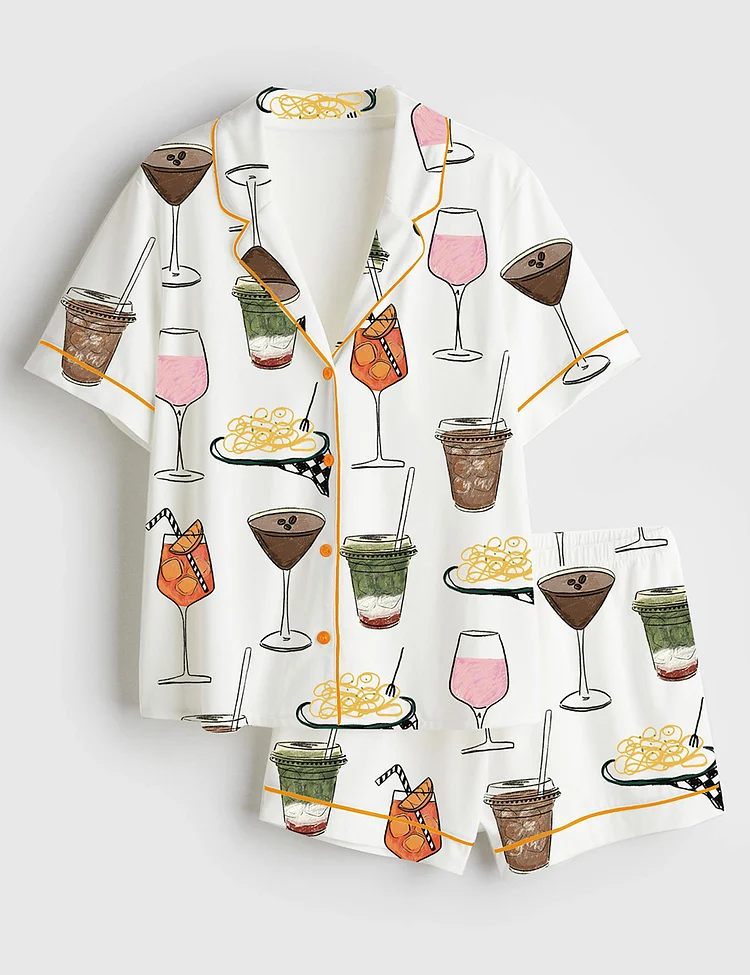 Women&rsquo;s Martini Coffee Julep Cocktail Margarita Margs and Matrimony Spaghetti Bachelorette Wedding Drinks Short Sleeve Satin Pajama Set