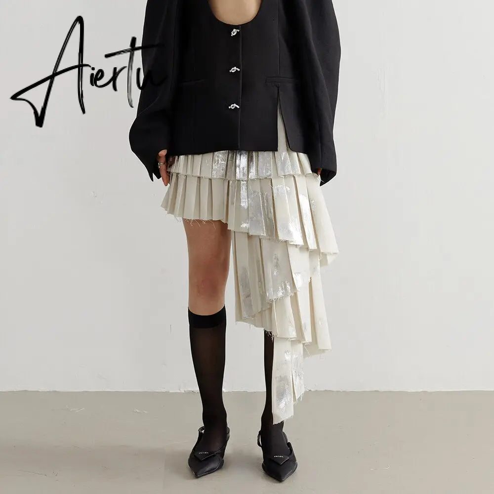 Irregular Hem Pleated Skirts For Women Hihg Waist Temperament A Line Elegant Skirt Female Fashion Style Clothing Aiertu
