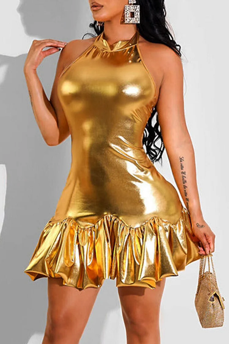 Yellow Sexy Solid Split Joint Backless Flounce Halter A Line Dresses