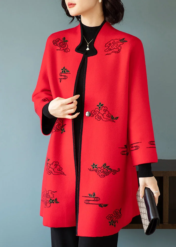 Red Embroideried Stand Collar Patchwork Wool Coats Stand Collar Long Sleeve