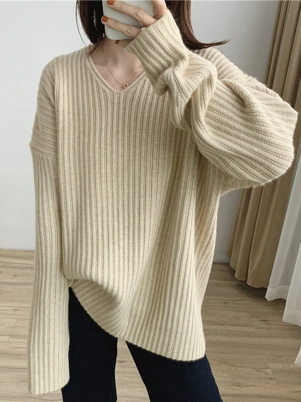 Casual Long Sleeves Loose Solid Color V-Neck Sweater Tops