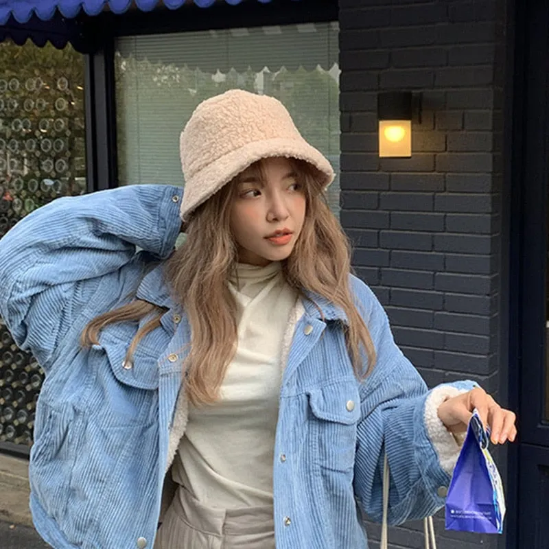 Women Hat Solid Artificial Fur Warm Female Cap Faux Fur Winter Bucket Hat for Women Outdoor Sunscreen Sun Hat Panama Cap Ladies