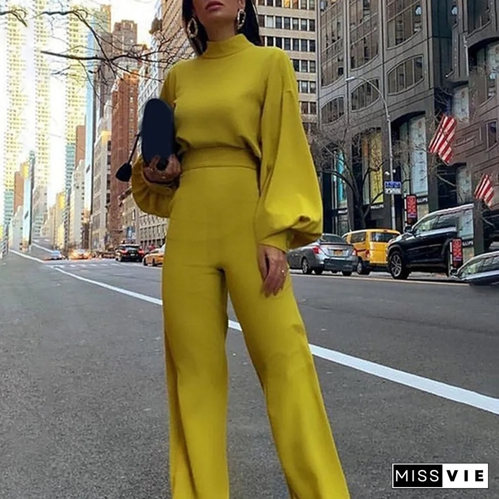 Women Fashion Puff Long Sleeve High Waist Solid Color Jumpsuits