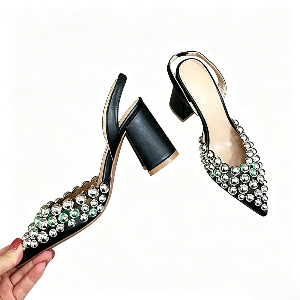 Luxury Metal Ball Spikes Block Heel Sandals Women Bling High Heels Pointed Toe Hollow Shoes Female Rivets Back Strap Sandals  highheelher
