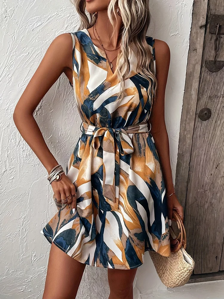 Color Block Notch Neck Dress, Spring And Summer Vacation Style Sleeveless Belt Dress, Women's Clothing