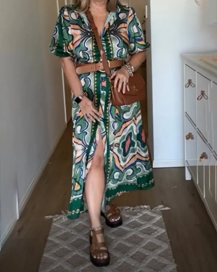 Short Sleeve Lapel Printed Dress