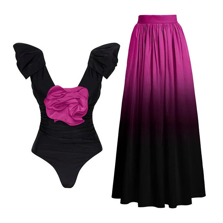 2025 New One-Piece in Stock Swimsuit Women's Big Flower Gradient Color European and American Sexy Hot Sale Two-Piece Chiffon Dress Swimsuit