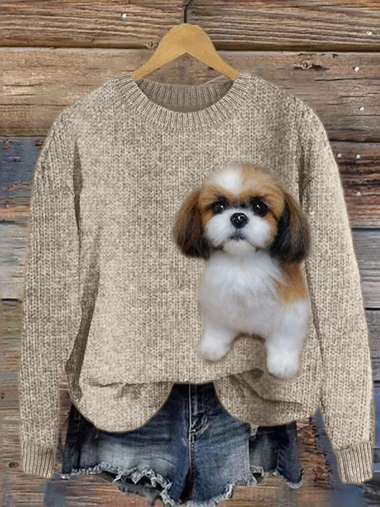 Fuzzy Shih Tzu Dog Felt Cozy Knit Sweater