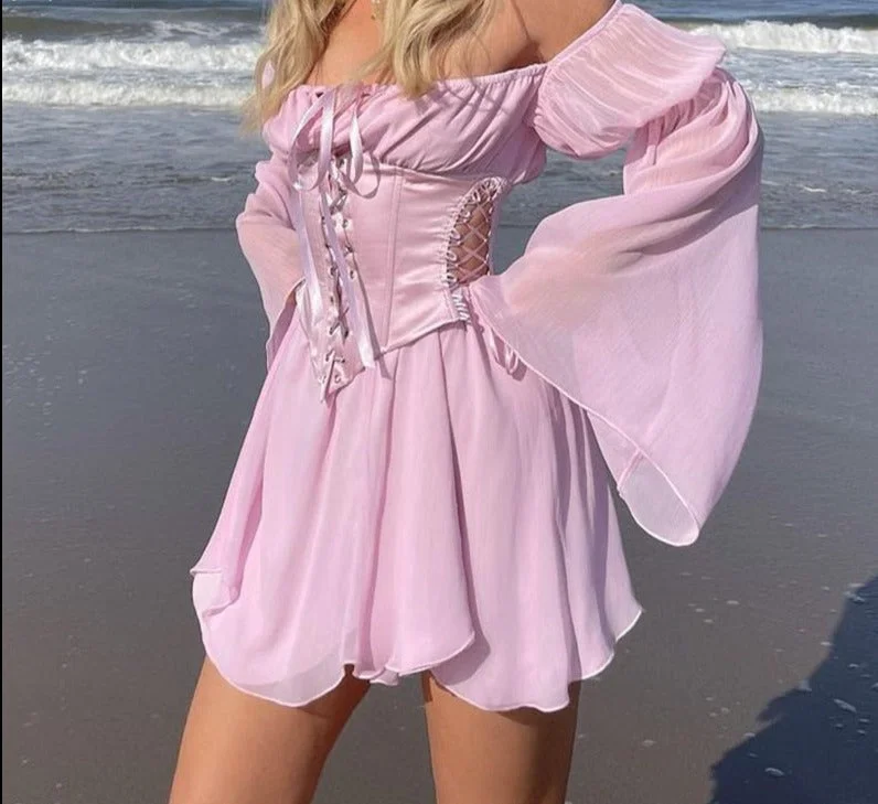 Graduation Gifts  Beach Style Vintage Chiffon Dress With Corset Bandage Hollow Out Bustier Prairie Chic Flare Sleeve Dresses 2 Pieces Set