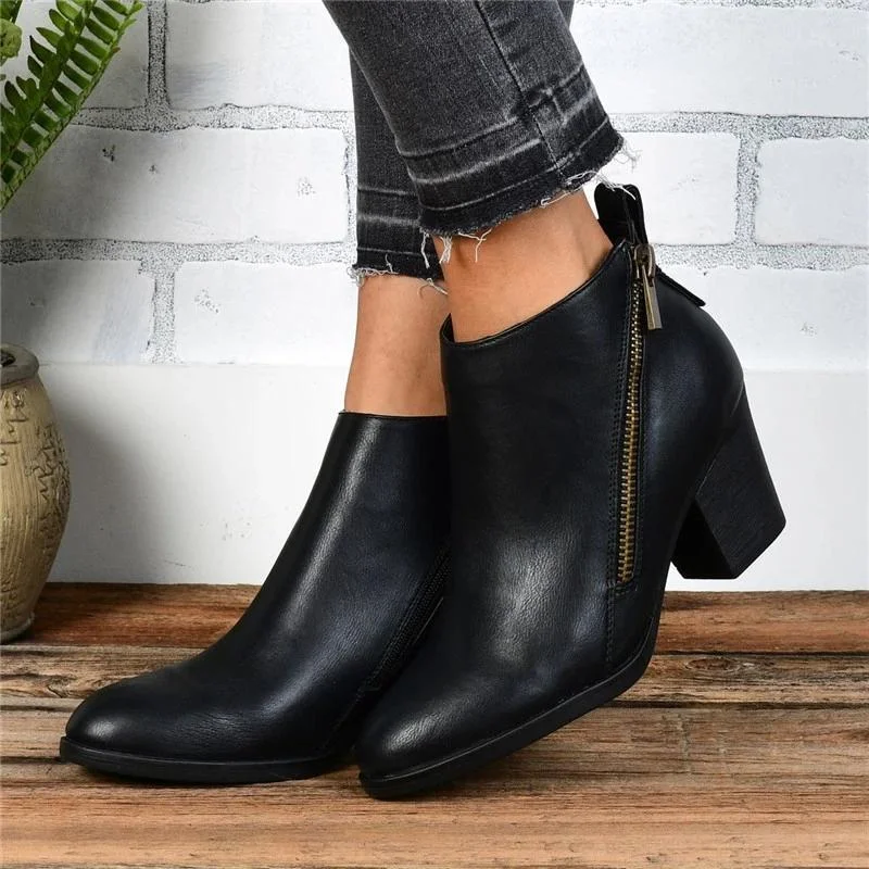 Side Zipper Chunky Heel Ankle Retro Boots