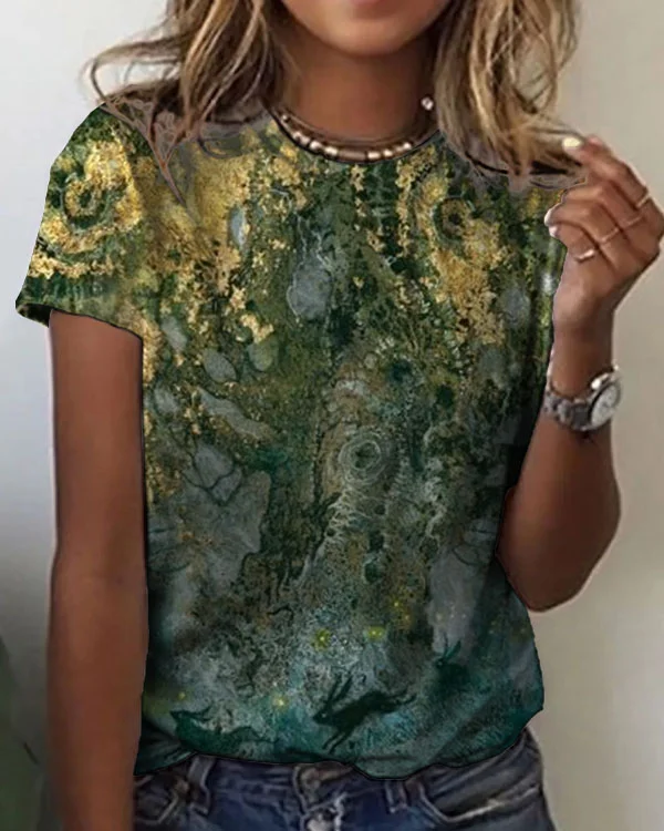 Women's Flower Pattern Crew Neck T-shirt