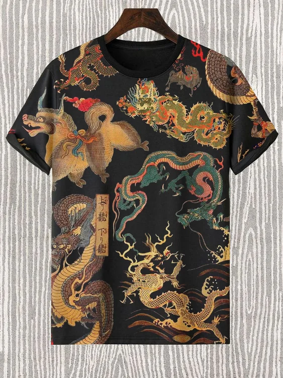 Men's Japanese Art Dragon Element Pattern Print Short Sleeve T-Shirt