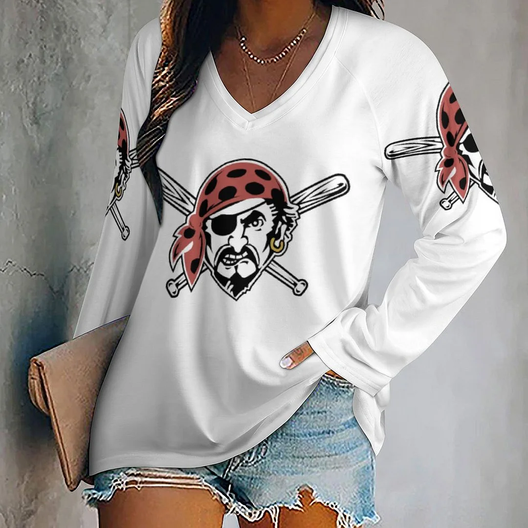 V-neck Long Sleeve Casual T-shirt for  Women and Men Printed with Pattern,Yellow,White,Black