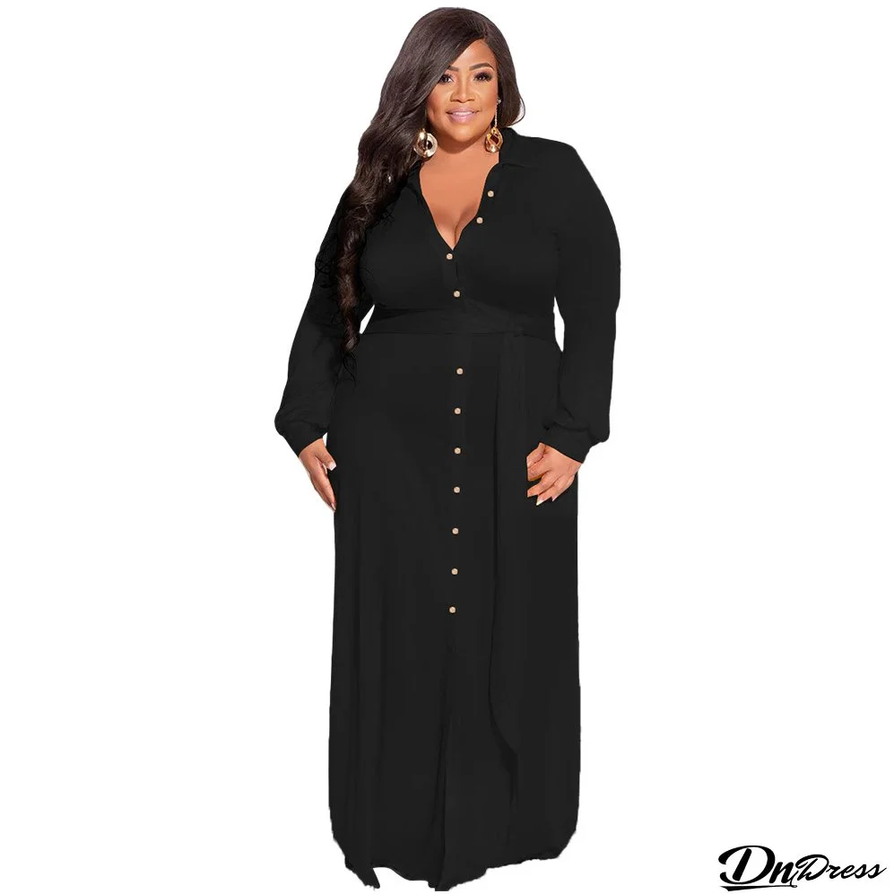 Plus Size Women Solid Tie Long Sleeve Shirt Dress