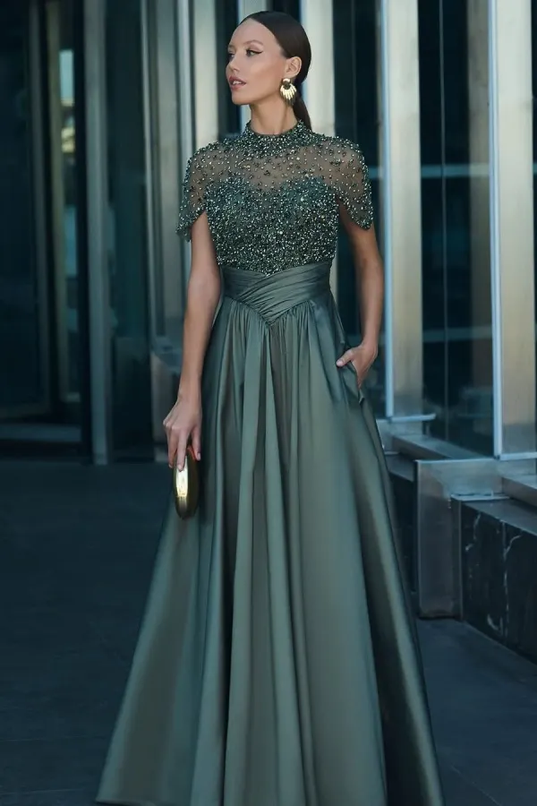 Lussooy High Neck Glamorous Short Sleeves Beaded Prom Dress with Pleated     