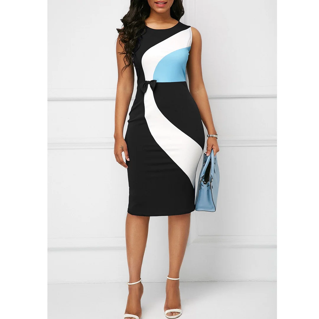 Women's Pencil Dress Plus Size Geometric Panels Slim-Fit Round Neck Sleeveless Dress