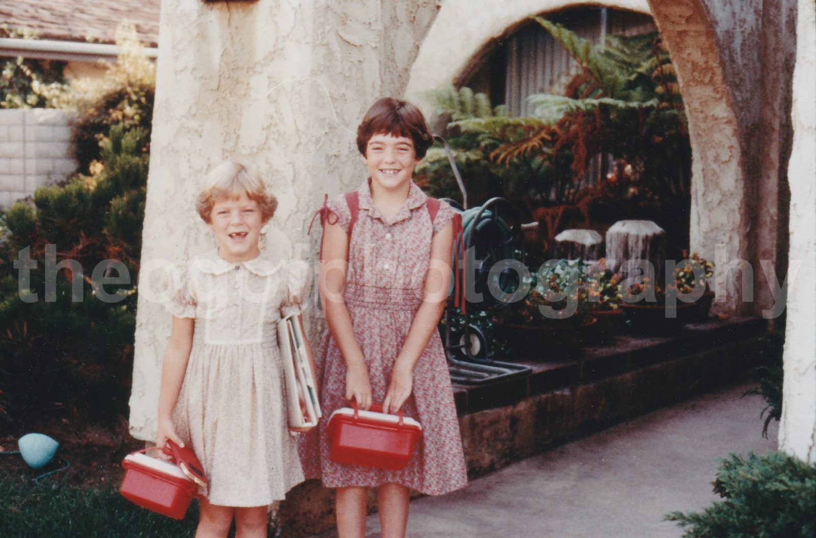 GIRLS with MATCHING LUNCH BOXES Vintage FOUND Photo Poster painting Color15 40