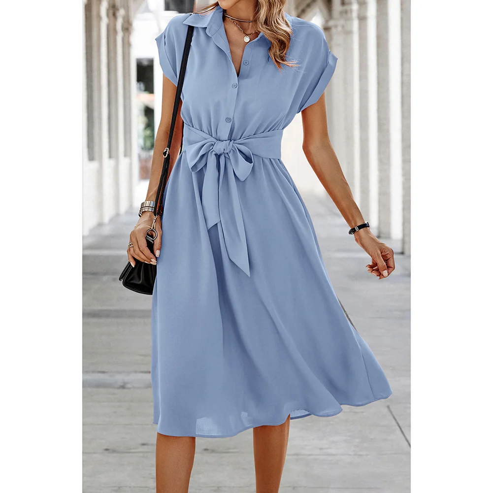 Light Blue Button Lapel Pocket Midi Dress With Tie