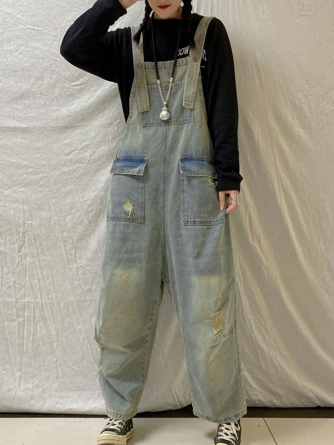 Women's Retro Washed Distressed Loose Jumpsuit