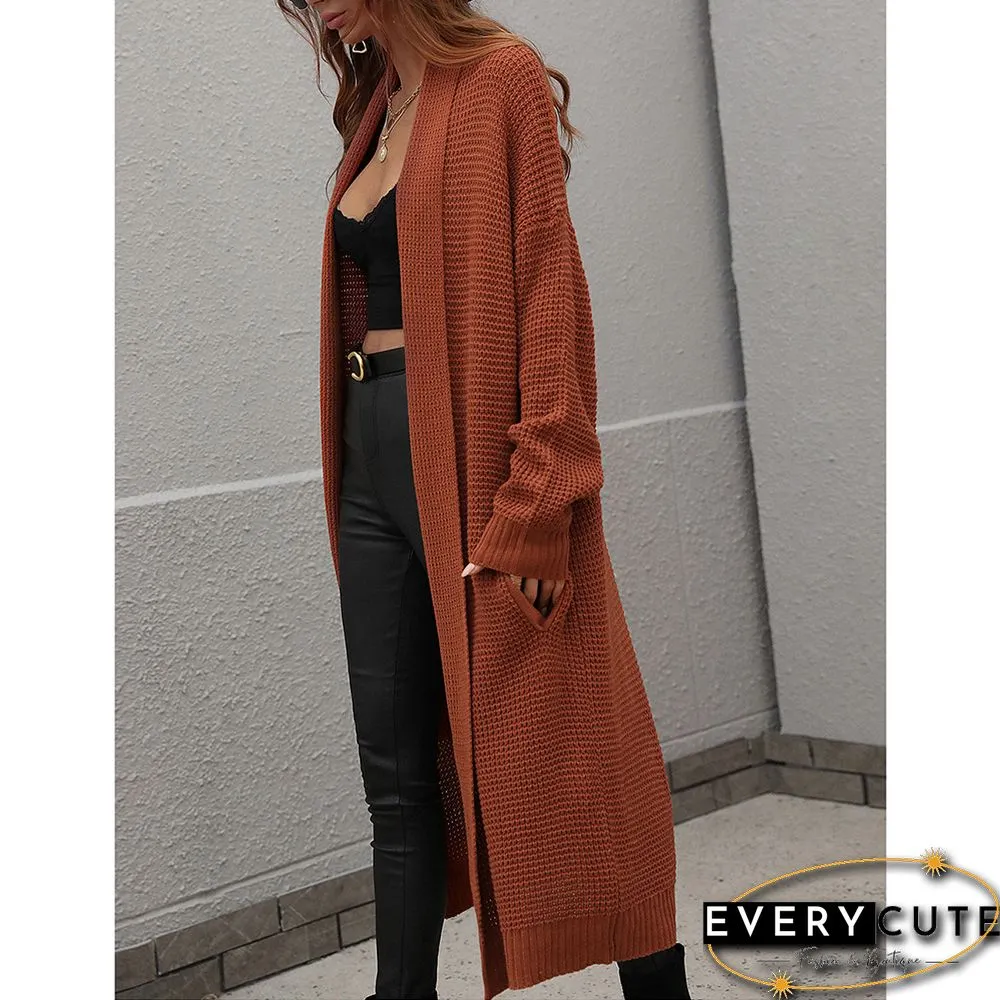 Rust Red Knit Pocket Open Front Long Cardigan
