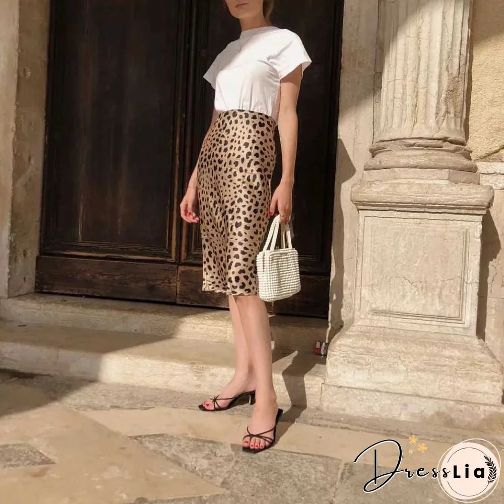 Retro Elastic Band High Waisted Leopard Print Satin Midi Skirt